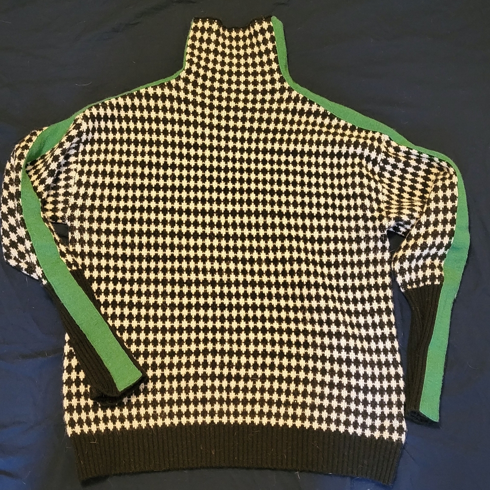 Women's Black and White Houndstooth Sweater with Green Accents